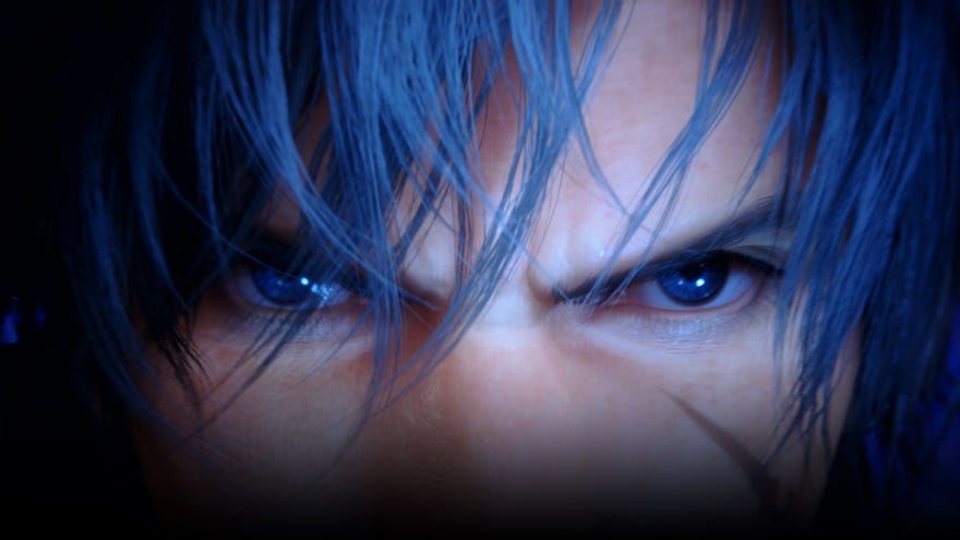 An extreme close-up on the eyes of a Final Fantasy 16 character, framed by a blue-haired fringe.