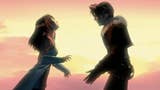 Rinoa falls into Squalls arms in front of sunset in Final Fantasy 8