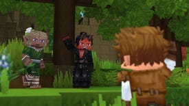 A brown-haired character from Hytale waves to two other players in a forest scene