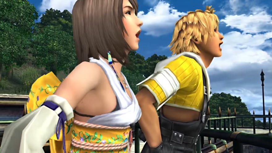 Tidus and Yuna laughing in Final Fantasy X