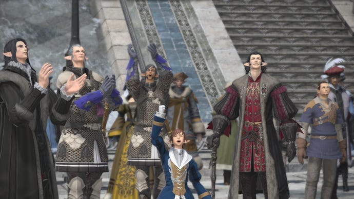 A group of happy characters in Final Fantasy XIV.