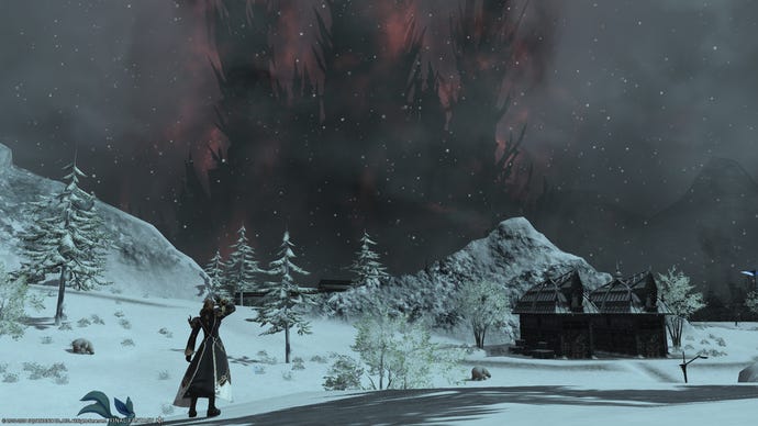 The player looks up at an ominous tower in a snowy landscape in Final Fantasy XIV Endwalker