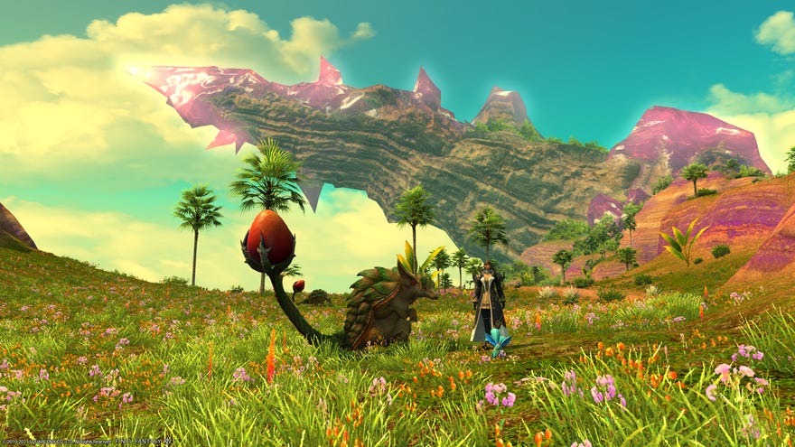A female avatar stands next to two fantasy creatures in a lush, grassy landscape with a big crystal in the background in Final Fantasy XIV Endwalker