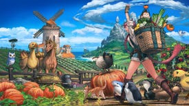 A character carrying fruits and vegs waves upon returning home to a hot horse and chocobo pal in Final Fantasy concept art.