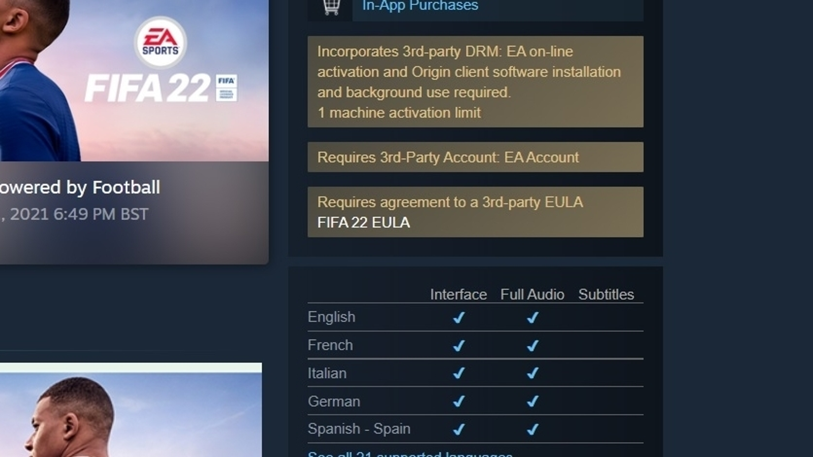 FIFA 22 Steam Listing With One Machine Limit Was a Mistake, EA Says