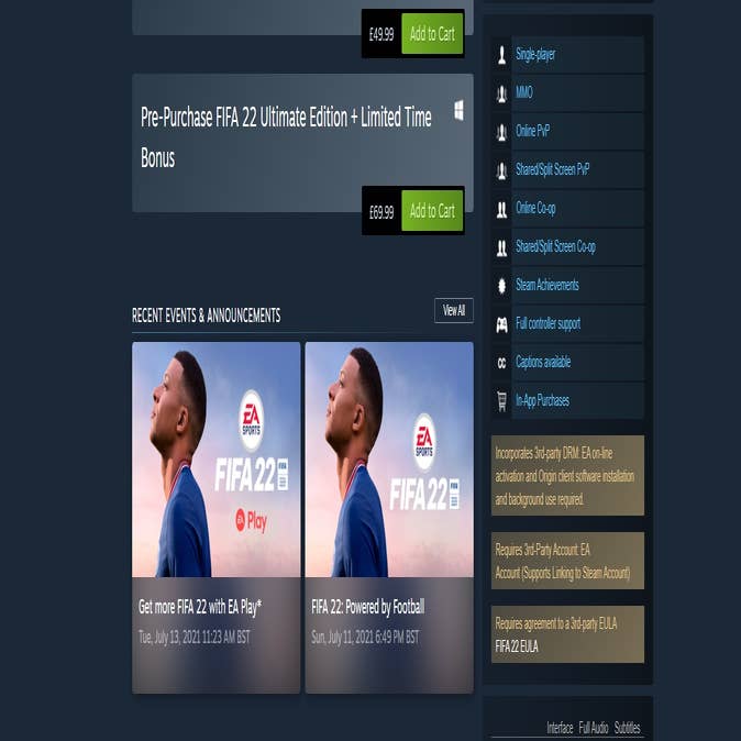Buy FIFA 22 Steam Wallet Code - ByNoGame