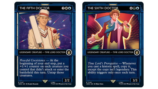 The fifth and sixth Doctor cards from the Magic: The Gathering x Doctor Who set.