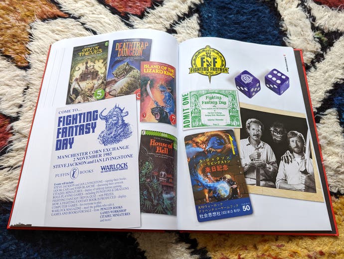 A photo of the Dice Men Games Workshop hardback book, showing a page of Fighting Fantasy memorabilia.