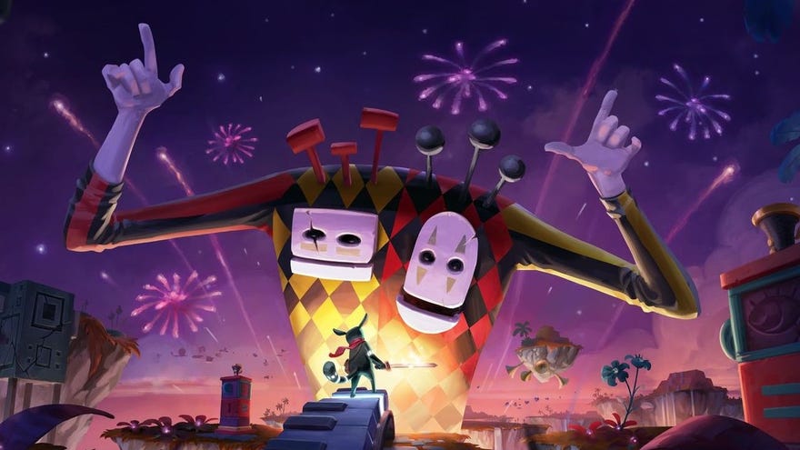 A Figment 2 screenshot showing dusty and piper standing in front of a giant two-headed jester