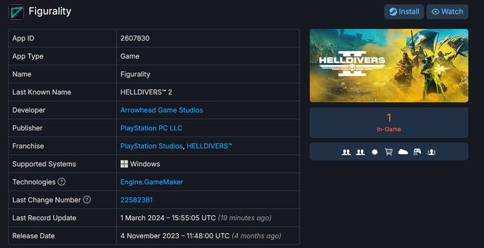 Die Steam-DB-Seite für ein Spiel namens Figurality, die viele gefälschte Informationen zu Helldivers 2 enthält