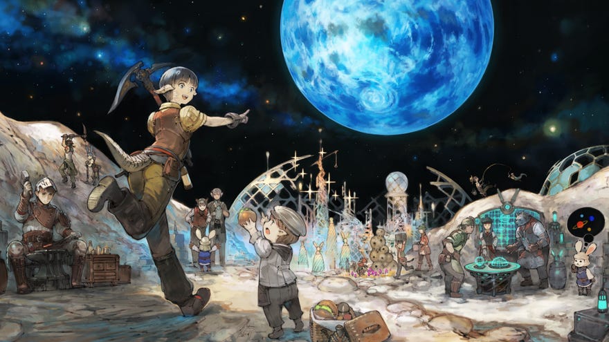 Artwork for Final Fantasy 14's Cosmic Exploration mode, showing characters working on the moon