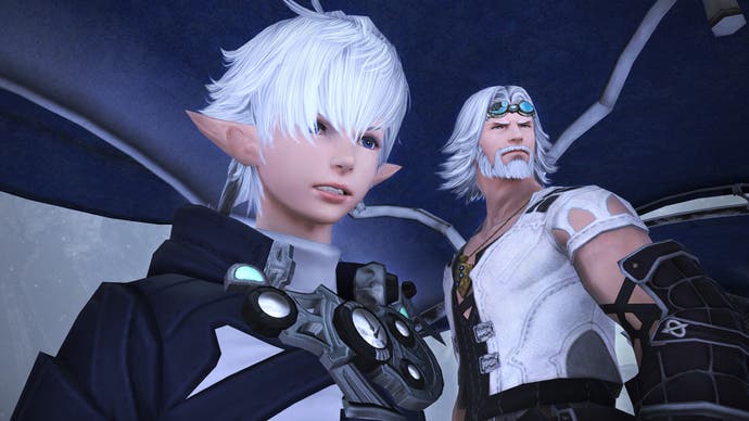 A Final Fantasy 14 Online screenshot showing two characters - one young, the other older and bearded - staring at something out of shot.