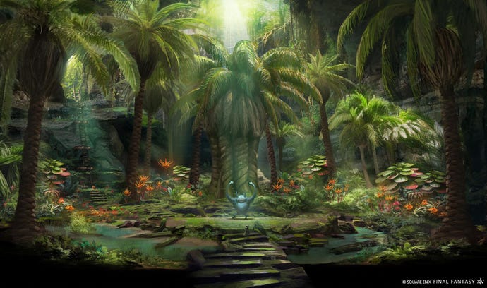 Die Sonne ergießt sich zwischen Bäumen auf ein Monster mit erhobenen Armen in einem Dungeon im Regenwald-Stil in der Final Fantasy 14-Erweiterung Dawntrail