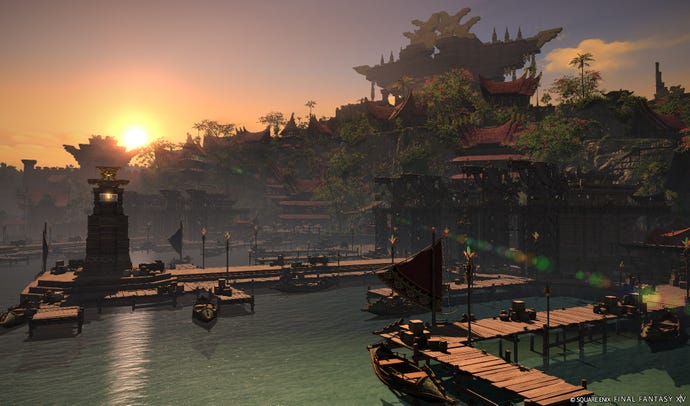 Die Sonne geht über dem Wasser unter und legt ein neues Gebiet in der Final Fantasy 14-Erweiterung Dawntrail an