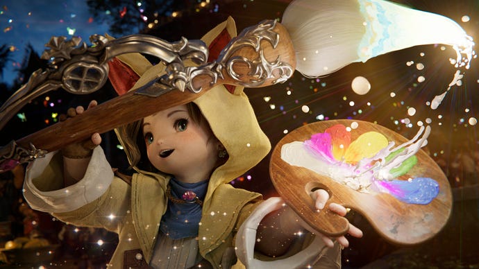 Final Fantasy 14 lalafell Krile schwenkt als neuer Job Pictomancer einen magischen Pinsel herum