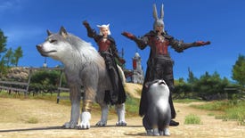 Final Fantasy 14 players pose with the Torgal mount and minion from its crossover with Final Fantasy 16