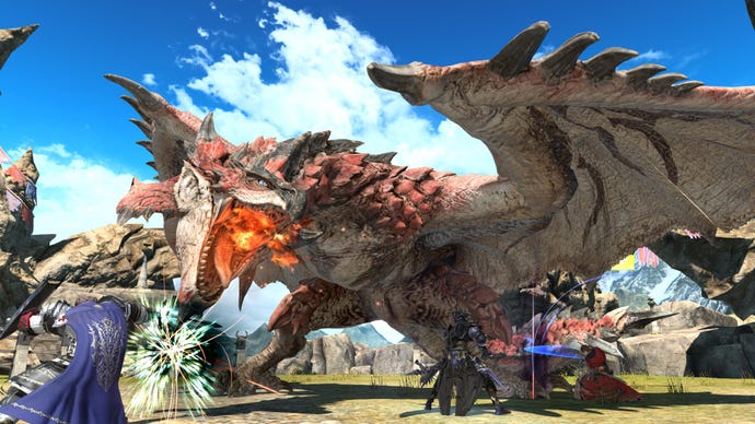 Monster Hunter's Rathalos prepares to take a bite out of player characters in Final Fantasy 14