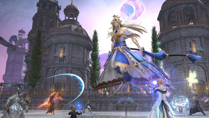 Players attack a floating boss in the third part of Final Fantasy 14's Myths of the Realm trials