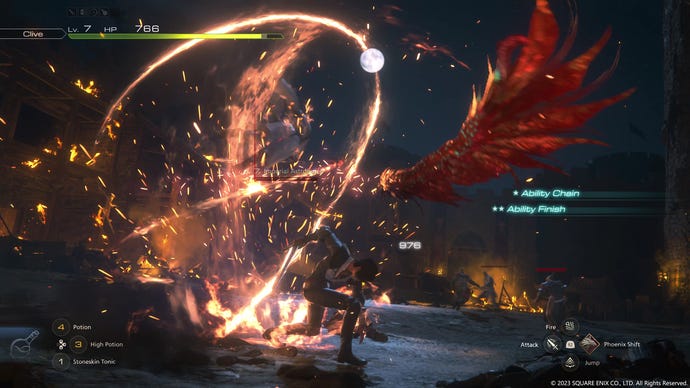 Clive uses a fiery ability while battling in Final Fantasy 16