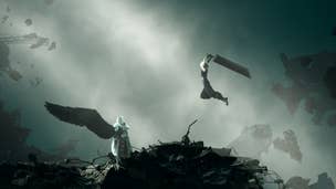 Cloud leaps at Sephiroth with his Buster Sword raised above his head, with Sephiroth's wing one black wing out-stretched.