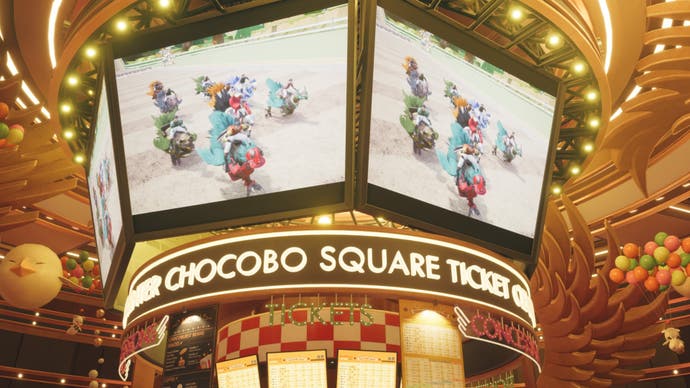 The Chocobo Square ticket office has two large screens above showing a Chocobo race in progress.
