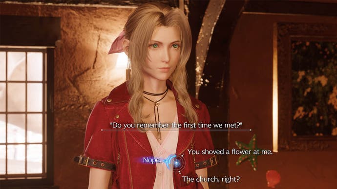 Conversation options in Final Fantasy 7 Rebirth Cloud with Aerith in Juno
