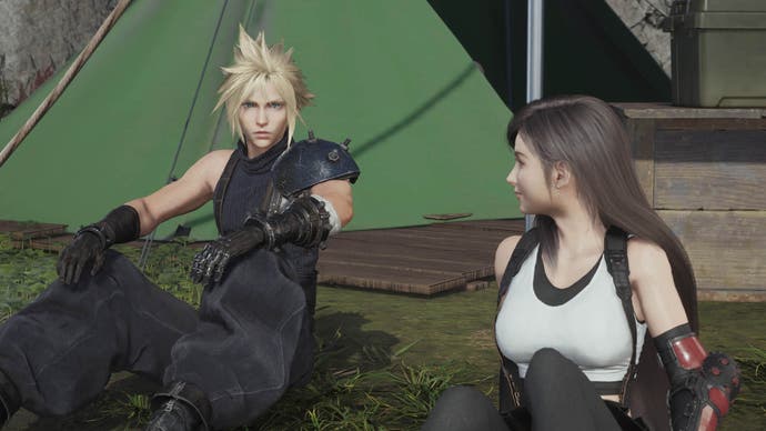 Final Fantasy 7 Rebirth Cloud talks to Tifa at a camp