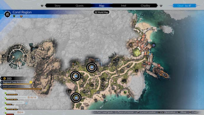 A map of Corel with four Chocobo Stop locations circled.