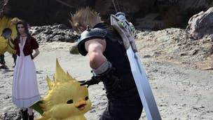 Cloud from Final Fantasy 7 Rebirth bends over to pet a baby chocobo on a dirt road