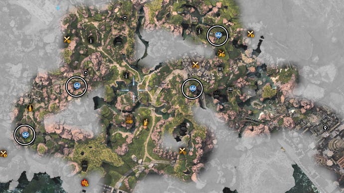 A map of the Gongaga region with four chocobo stop locations circled.