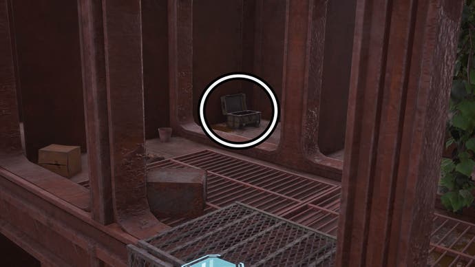 A circle highlights an open reward chest located in a compartment on the side of a ship.