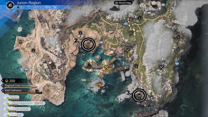 A map of Juno shows the location of ruined treasure and caches of freighter wrecks.