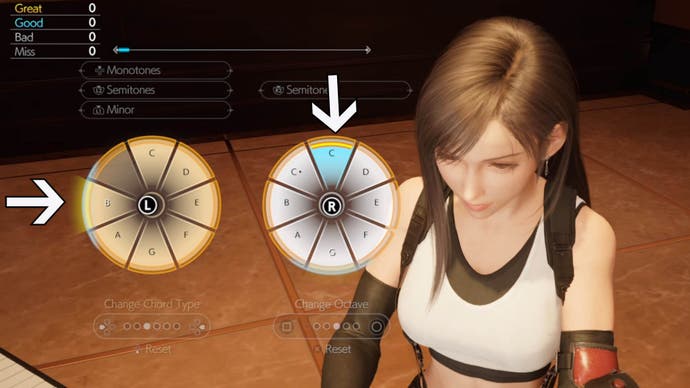  Two arrows point to different notes appearing when playing Tifa's theme on the piano.