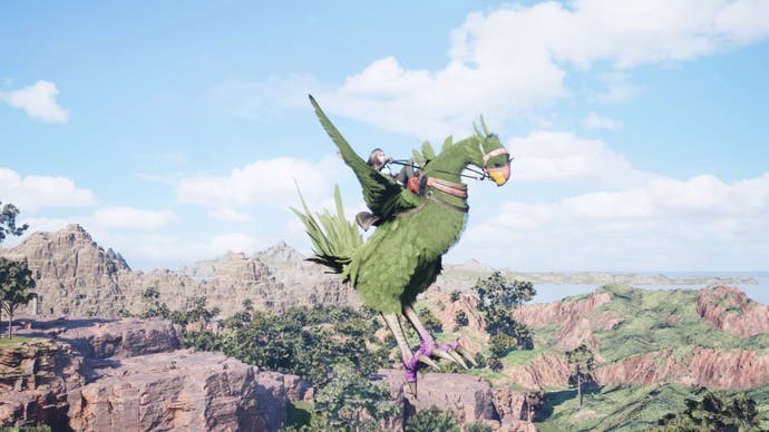 Final Fantasy 7 Rebirth Tifa on the ashes of Gongaga Chocobo in flight