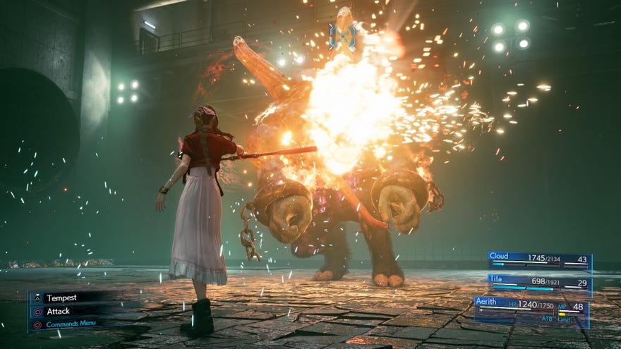 Aerith attacks with her magic staff in a Final Fantasy 7 Remake screenshot.