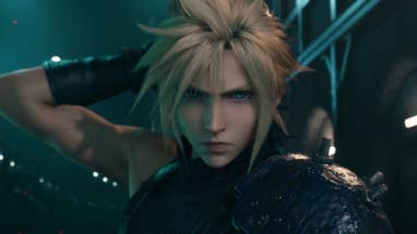Final Fantasy 7 remake - A closeup of Cloud Strife's face while he holds his sword's face while he holds his sword