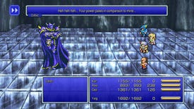 Final Fantasy IV Pixel Remaster - Cail, Rose, Cecil, and Yang are in a battle against Golbez, who says "Heh heh heh...your power pales in comparison to mine."