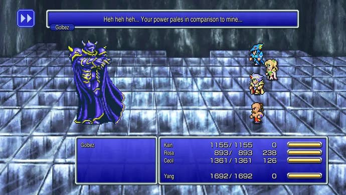 A villain, Golbez, stands against the player party in Final Fantasy 4, in the midst of battle.