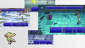 A screenshot from the Final Fantasy Pixel Remaster trailer which shows several screenshots of the remastered games floating on a white background. A blonde-haired character poses on the left of the screen.