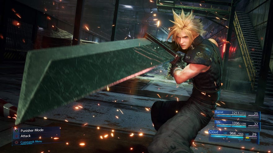 Final Fantasy VII remake - Cloud Strife holds his buster sword during a battle while attack and ATB meters for the party are shown in the interface.