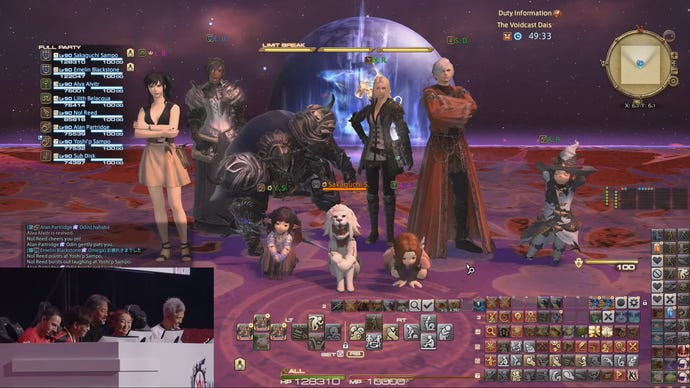 A Final Fantasy XIV party including the characters of director Yoshi-P and series creator Sakaguchi, along with a character called Alan Partridge