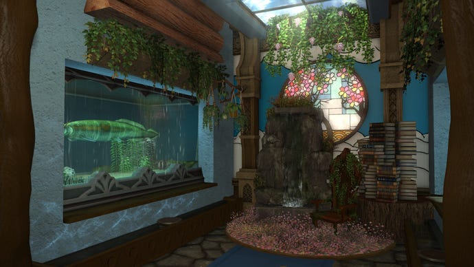 A large tank aquarium exhibit at the European Eorzean Aquarium in Final Fantasy XIV