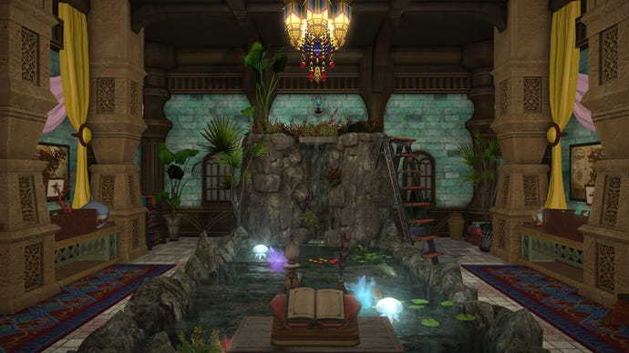 Aquarium exhibit featuring a rock waterfall in the North American Eorzean Aquarium in Final Fantasy XIV