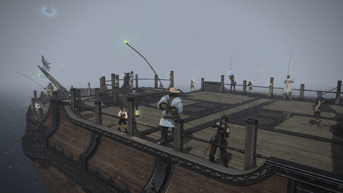 Eine Gruppe von Spielern, die in Final Fantasy XIV Ocean Fishing betreiben