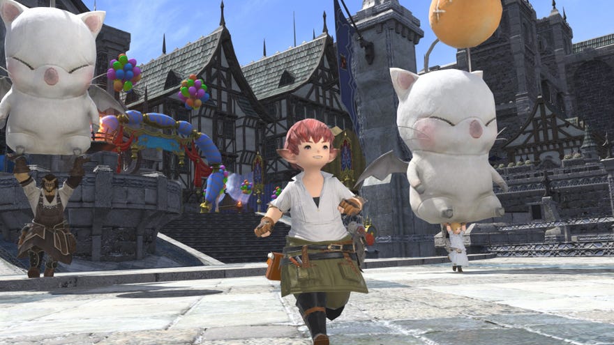 An image from Final Fantasy XIV which shows a red-haired Lalafell running through a town square, with big Moogles rising to the sky around them.