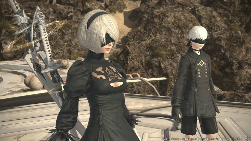A screenshot of Final Fantasy XIV's patch 5.5 showing the protagonists of Nier Automata, who feature in a crossover event in FFXIV.