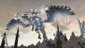 A lady flies on a cool white dragon in Final Fantasy 14.