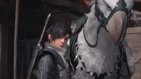An image from Final Fantasy 16 which shows the protagonist stood next to a huge bird mount.