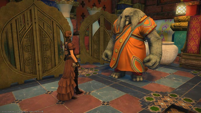 FF14 State of the Game - the player inside talking to a humanoid elephant person wearing an orange robe