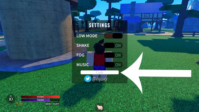 An arrow points at a text box where players in Roblox game Final Sea can enter redeemable codes.